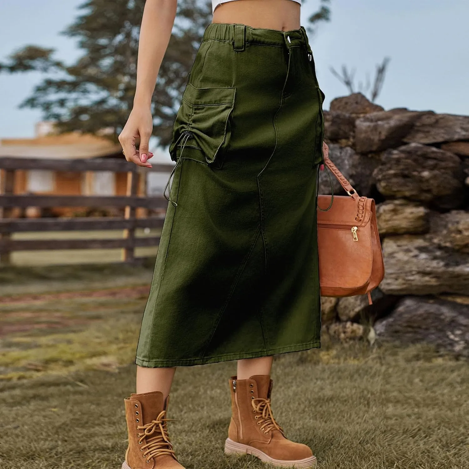 Women Denim Cargo Long Skirts High Waisted Pencil Skirt Midi Length Jean Skirt Casual A-Line Skirt with Cargo Pockets