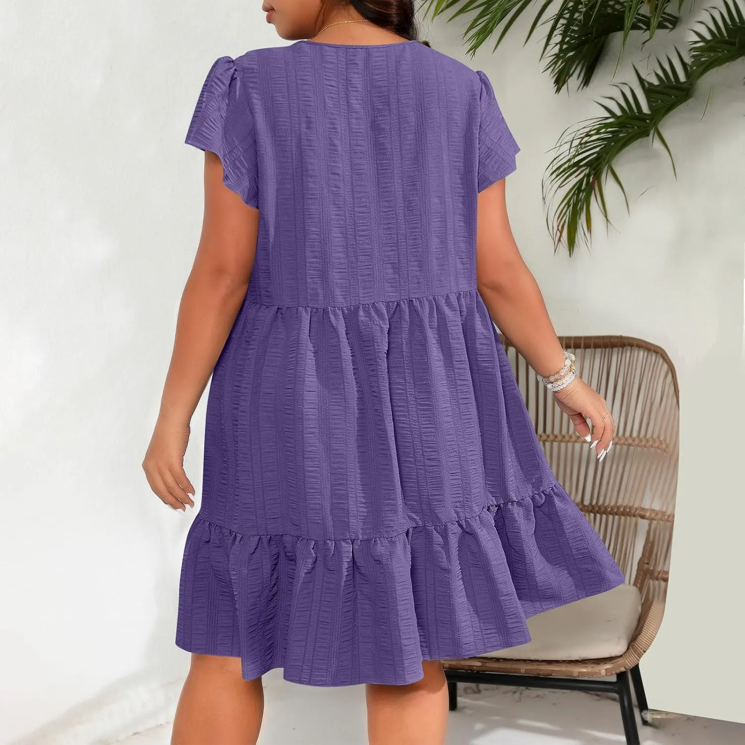 Women Dresses 2024 Puff Short Sleeve Crew Neck Textured Casual Tiered Ruffle A-Line Swing Mini Babydoll Dress Plus Size