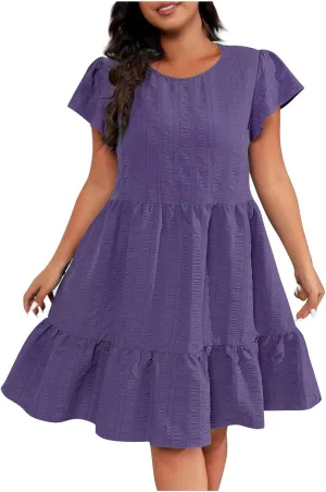 Women Dresses 2024 Puff Short Sleeve Crew Neck Textured Casual Tiered Ruffle A-Line Swing Mini Babydoll Dress Plus Size