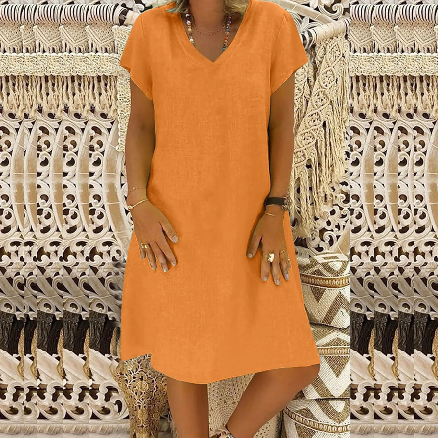Women Dresses Summer Plus Size Short Sleeve V Neck Mini Dress Casual Loose Comfy Cotton Linen Knee Length Dress