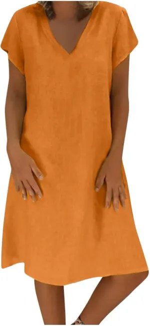 Women Dresses Summer Plus Size Short Sleeve V Neck Mini Dress Casual Loose Comfy Cotton Linen Knee Length Dress