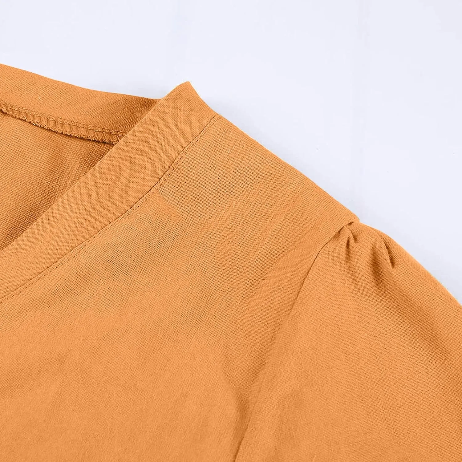 Women Dresses Summer Plus Size Short Sleeve V Neck Mini Dress Casual Loose Comfy Cotton Linen Knee Length Dress