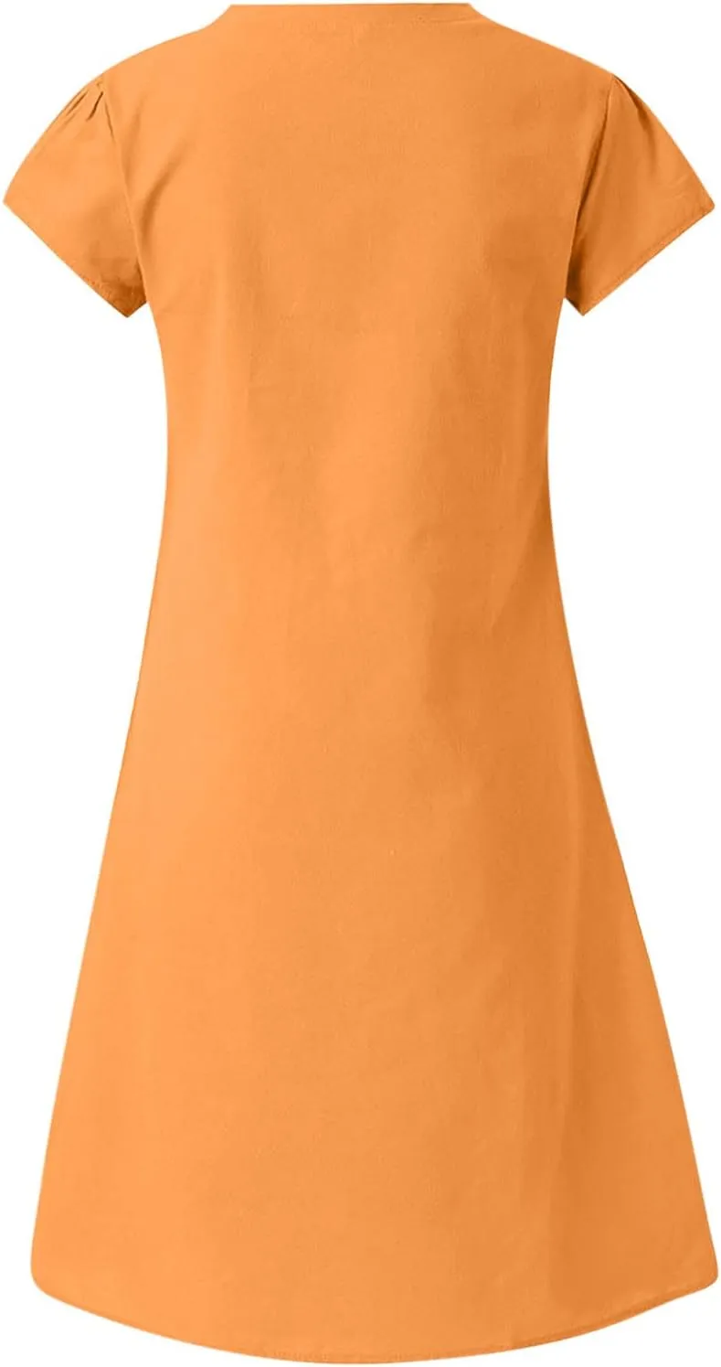 Women Dresses Summer Plus Size Short Sleeve V Neck Mini Dress Casual Loose Comfy Cotton Linen Knee Length Dress
