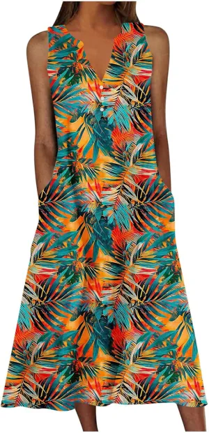 Women Floral Midi Dress with Pocket, 2025 Boho Summer Dresses V Neck Sleeveless Knee Length Sundress Beach Dress