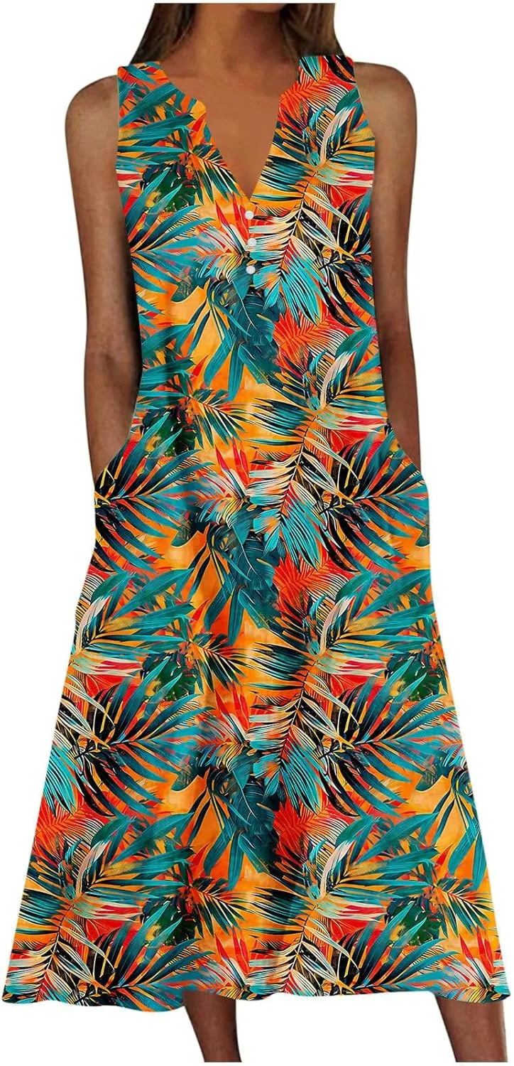 Women Floral Midi Dress with Pocket, 2025 Boho Summer Dresses V Neck Sleeveless Knee Length Sundress Beach Dress