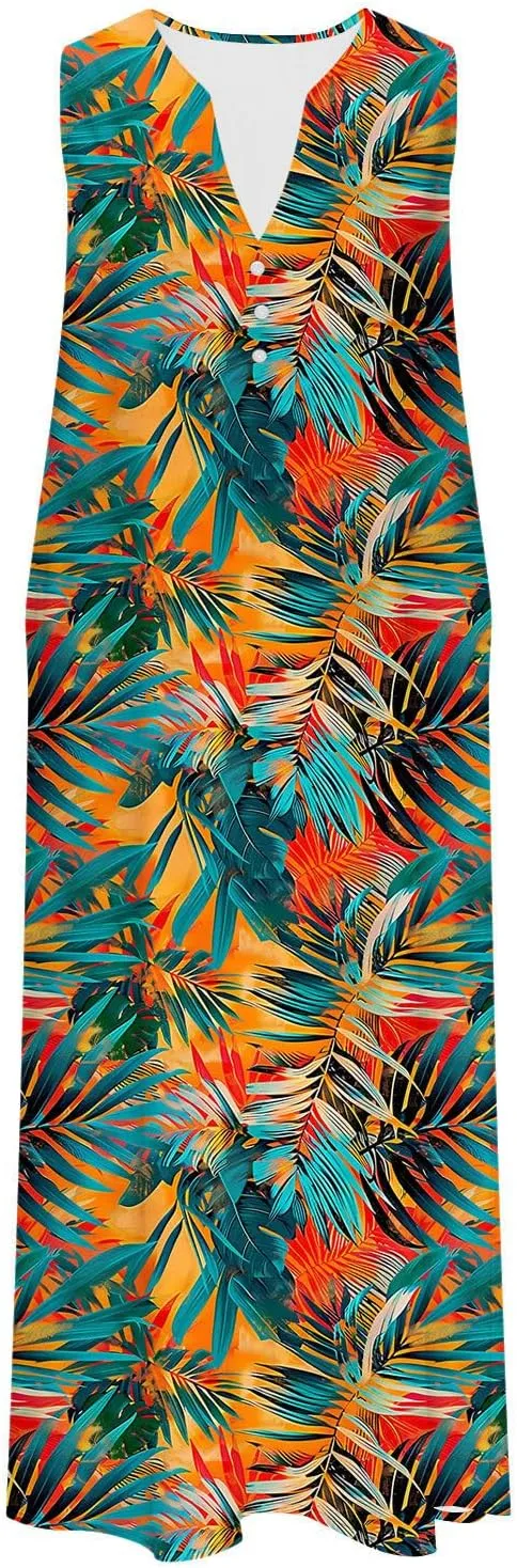 Women Floral Midi Dress with Pocket, 2025 Boho Summer Dresses V Neck Sleeveless Knee Length Sundress Beach Dress