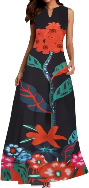 Women Floral Print Maxi Dresses Sleeveless V Neck Dress Casual Flowy Beach Long Sundress 2025 Summer Vacation Outfits