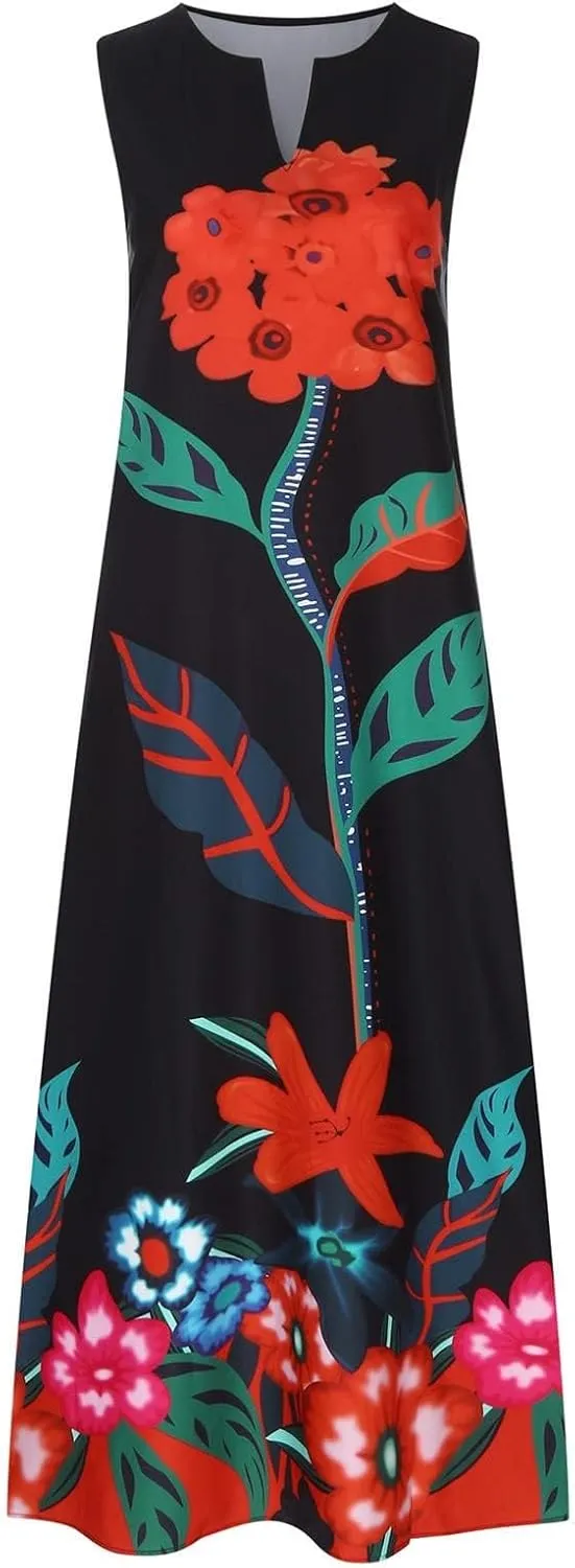 Women Floral Print Maxi Dresses Sleeveless V Neck Dress Casual Flowy Beach Long Sundress 2025 Summer Vacation Outfits