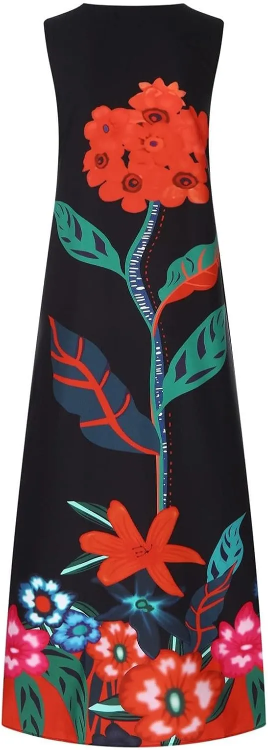 Women Floral Print Maxi Dresses Sleeveless V Neck Dress Casual Flowy Beach Long Sundress 2025 Summer Vacation Outfits