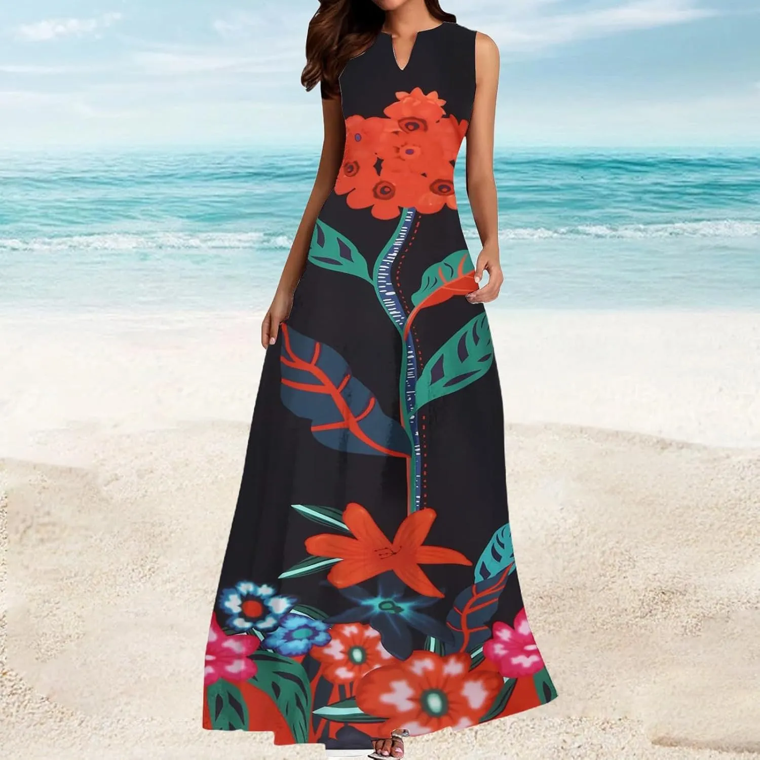 Women Floral Print Maxi Dresses Sleeveless V Neck Dress Casual Flowy Beach Long Sundress 2025 Summer Vacation Outfits