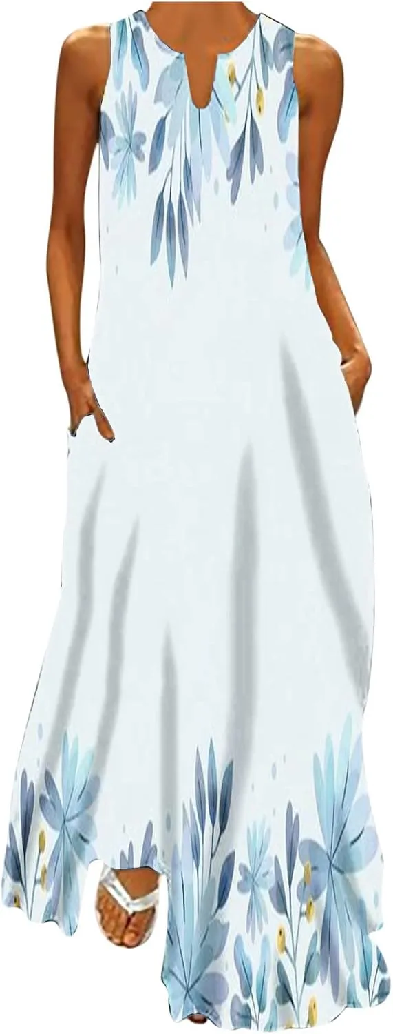 Women Foral Boho Causal Dress Summer Vacation Sun Dresses Sleeveless Flowy Dress Sundress 2024 Rendy Boho Clothing