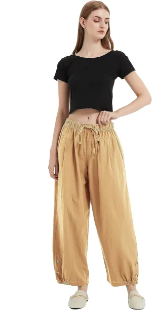 Women High Waist Casual Wide Leg Palazzo Pants Linen Drawstring Cropped Pants Trousers Regular Size