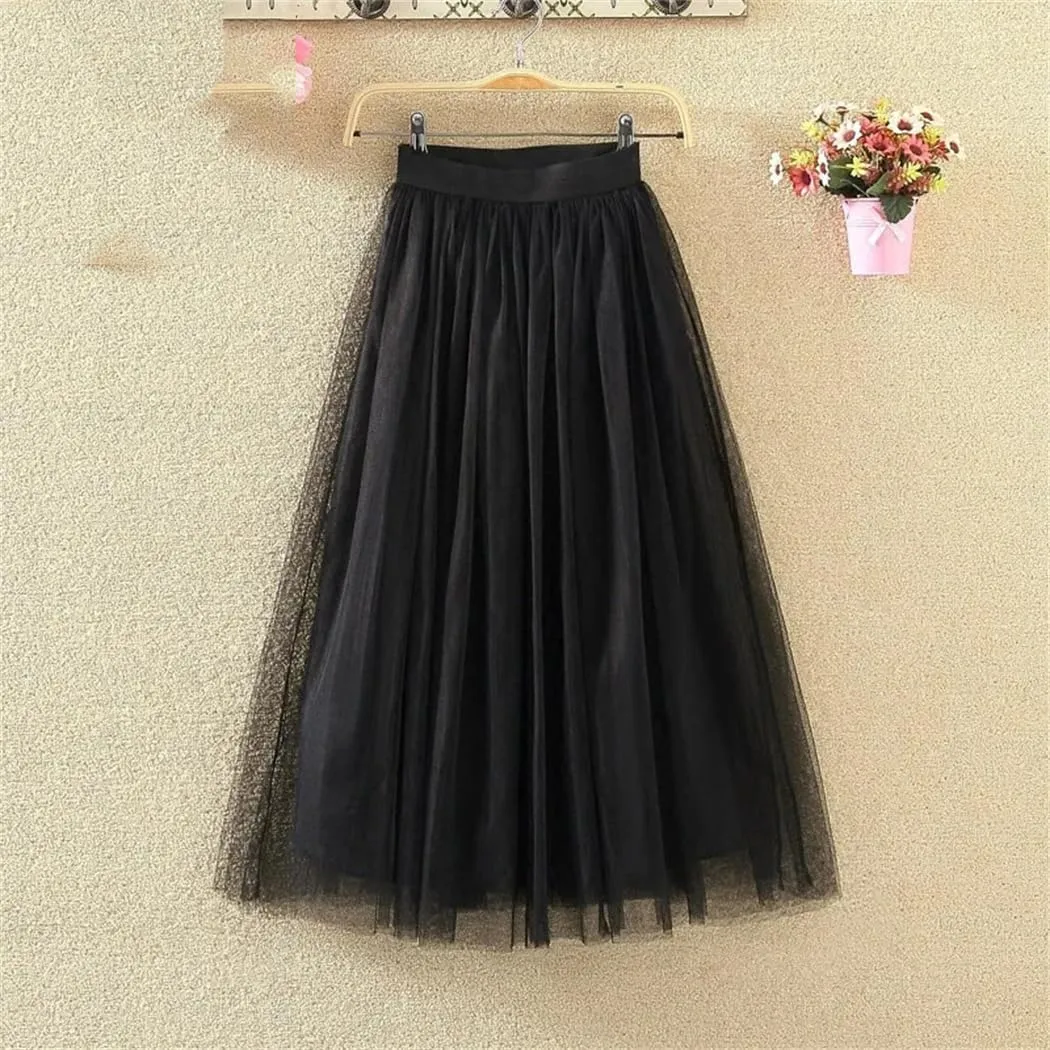 Women Korean Midi Summer Tulle Skirt Casual High Waist Pleated School Long A-Line Skirt