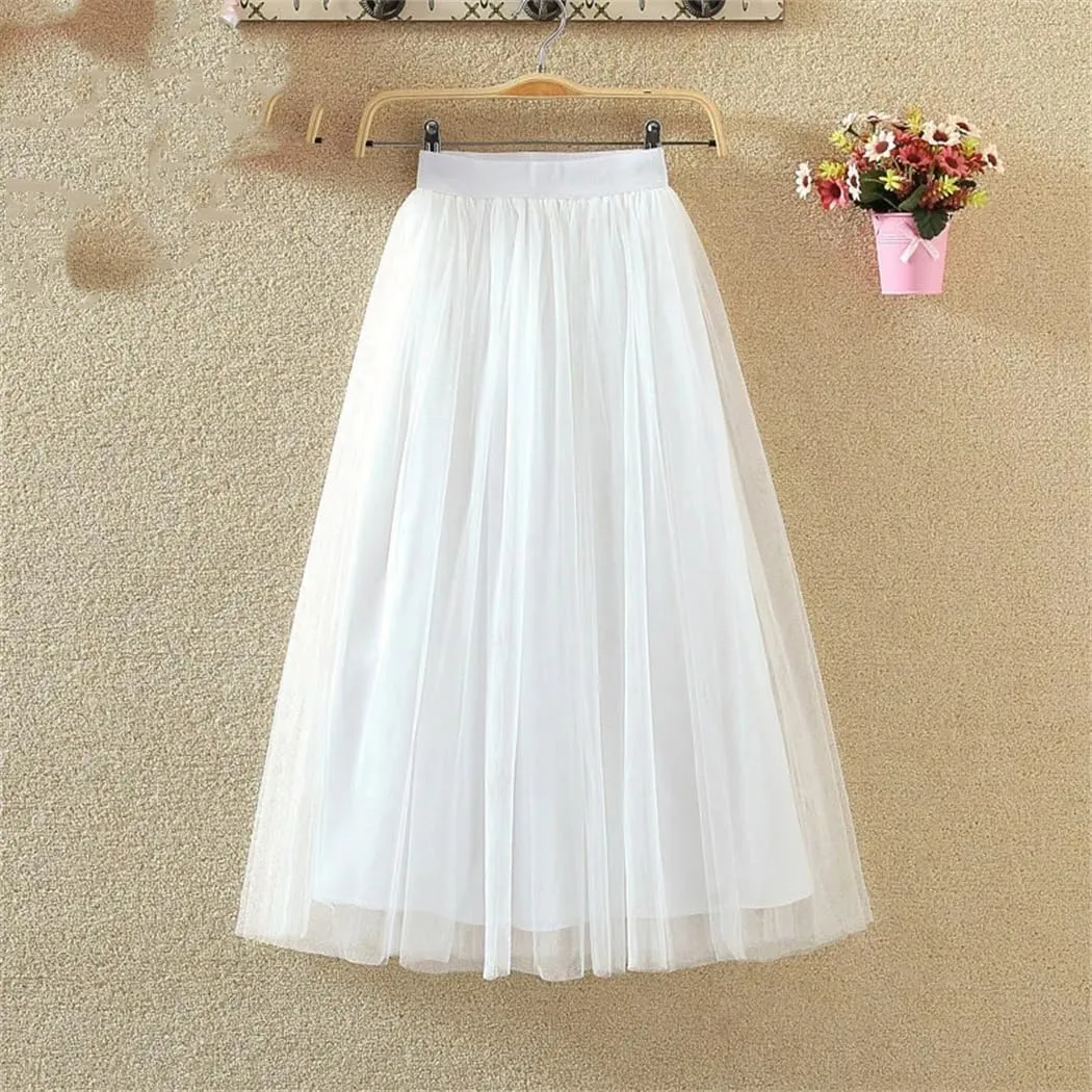 Women Korean Midi Summer Tulle Skirt Casual High Waist Pleated School Long A-Line Skirt
