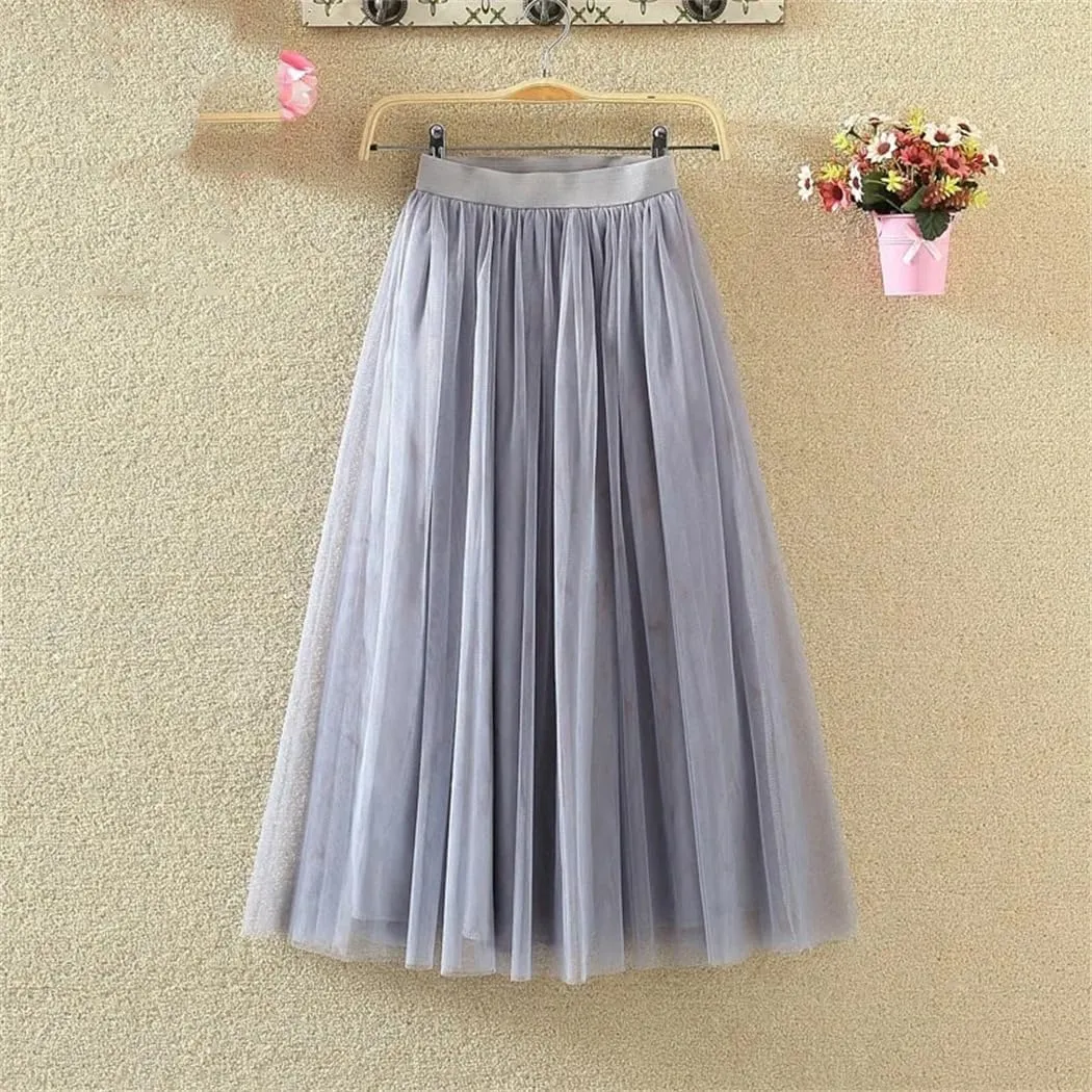 Women Korean Midi Summer Tulle Skirt Casual High Waist Pleated School Long A-Line Skirt