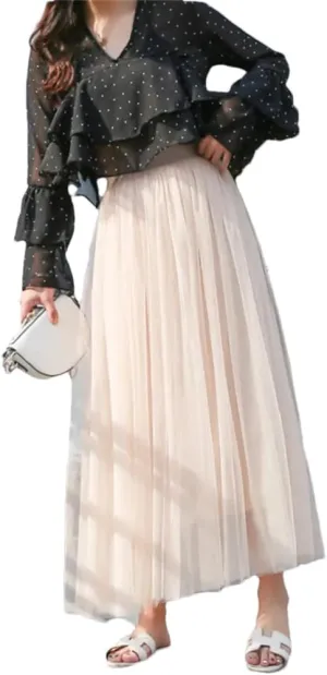 Women Korean Midi Summer Tulle Skirt Casual High Waist Pleated School Long A-Line Skirt