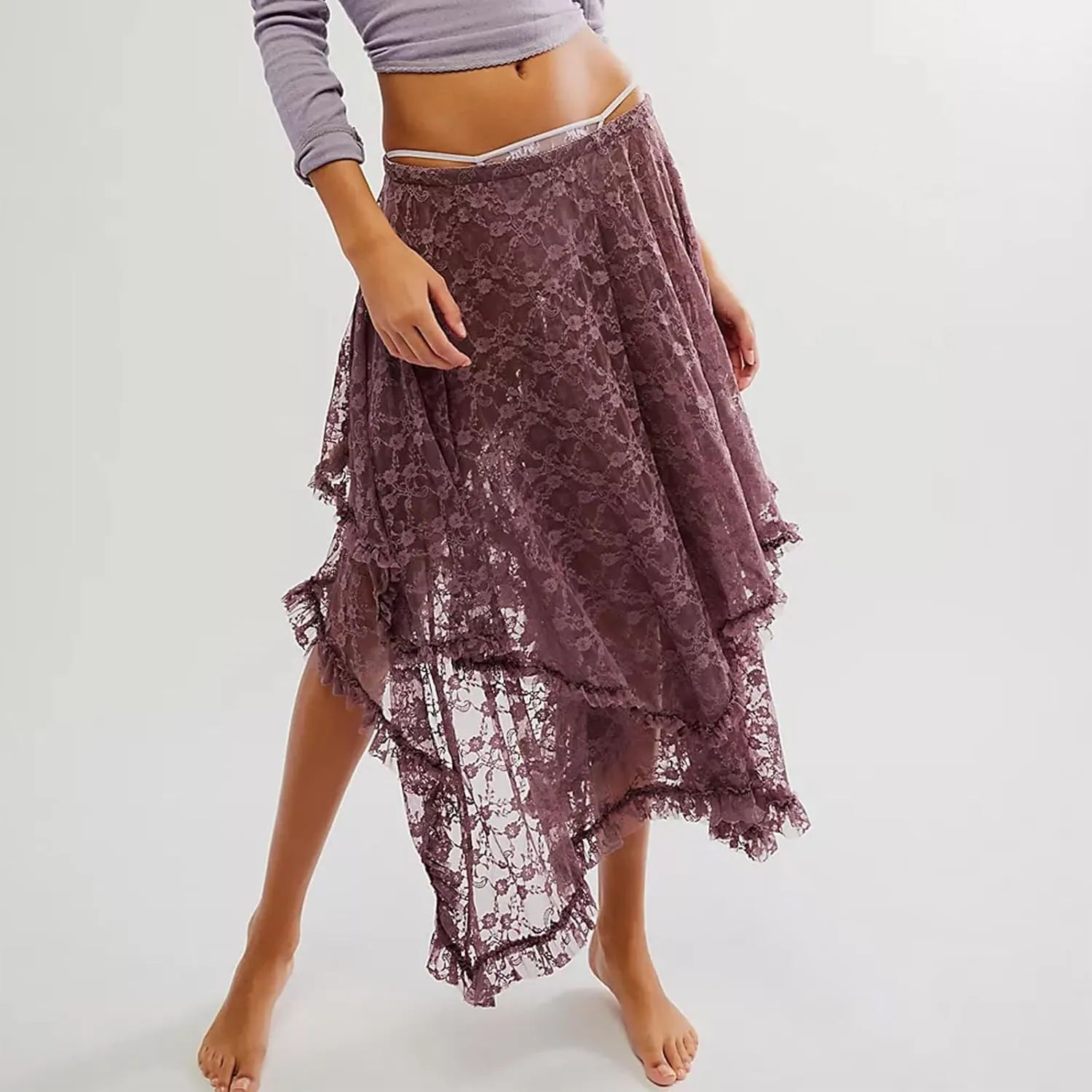 Women Lace Long Skirts Sexy See-Through Summer Elastic Asymmetrical Layered Hem Beach Floral Flowy Maxi Skirts