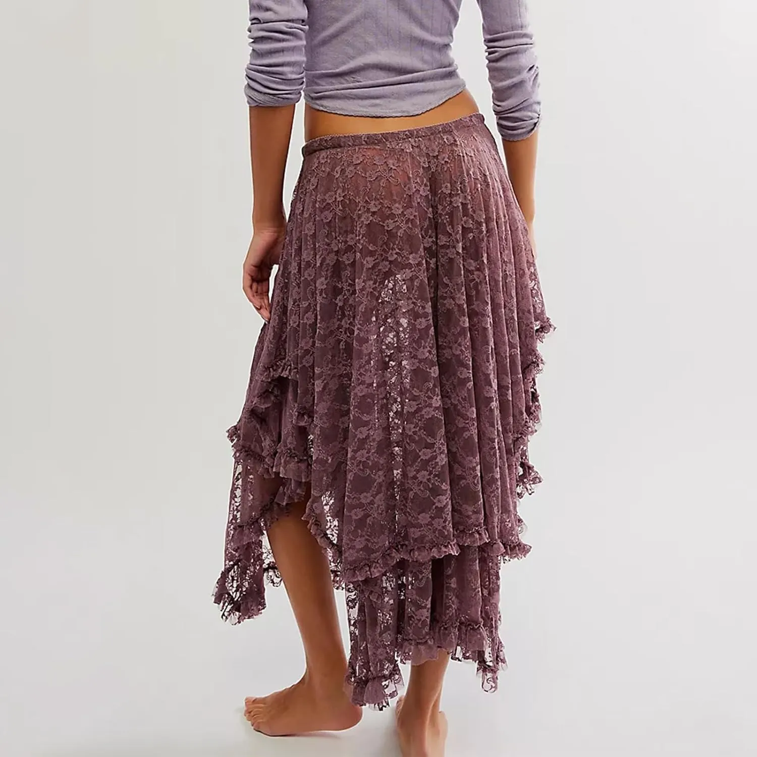 Women Lace Long Skirts Sexy See-Through Summer Elastic Asymmetrical Layered Hem Beach Floral Flowy Maxi Skirts