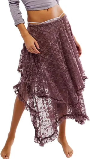 Women Lace Long Skirts Sexy See-Through Summer Elastic Asymmetrical Layered Hem Beach Floral Flowy Maxi Skirts