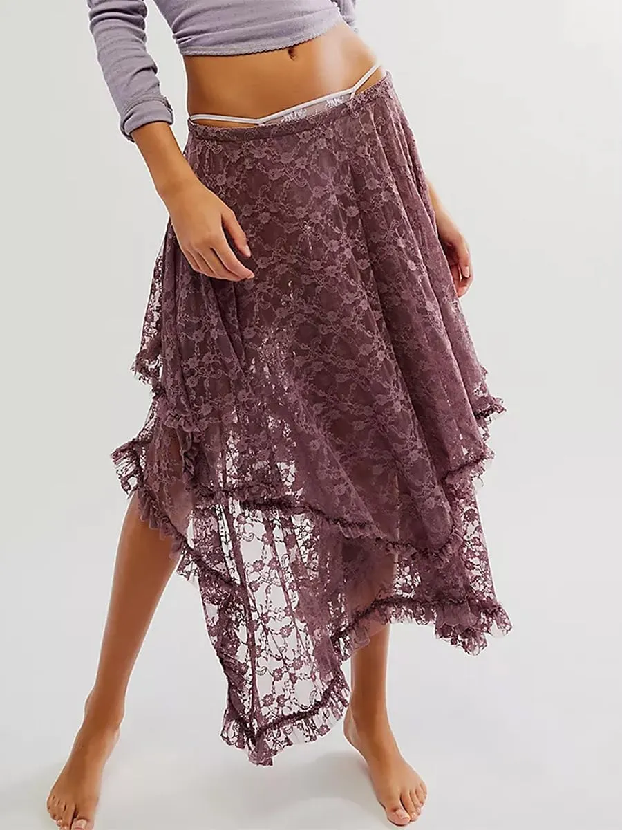 Women Lace Long Skirts Sexy See-Through Summer Elastic Asymmetrical Layered Hem Beach Floral Flowy Maxi Skirts