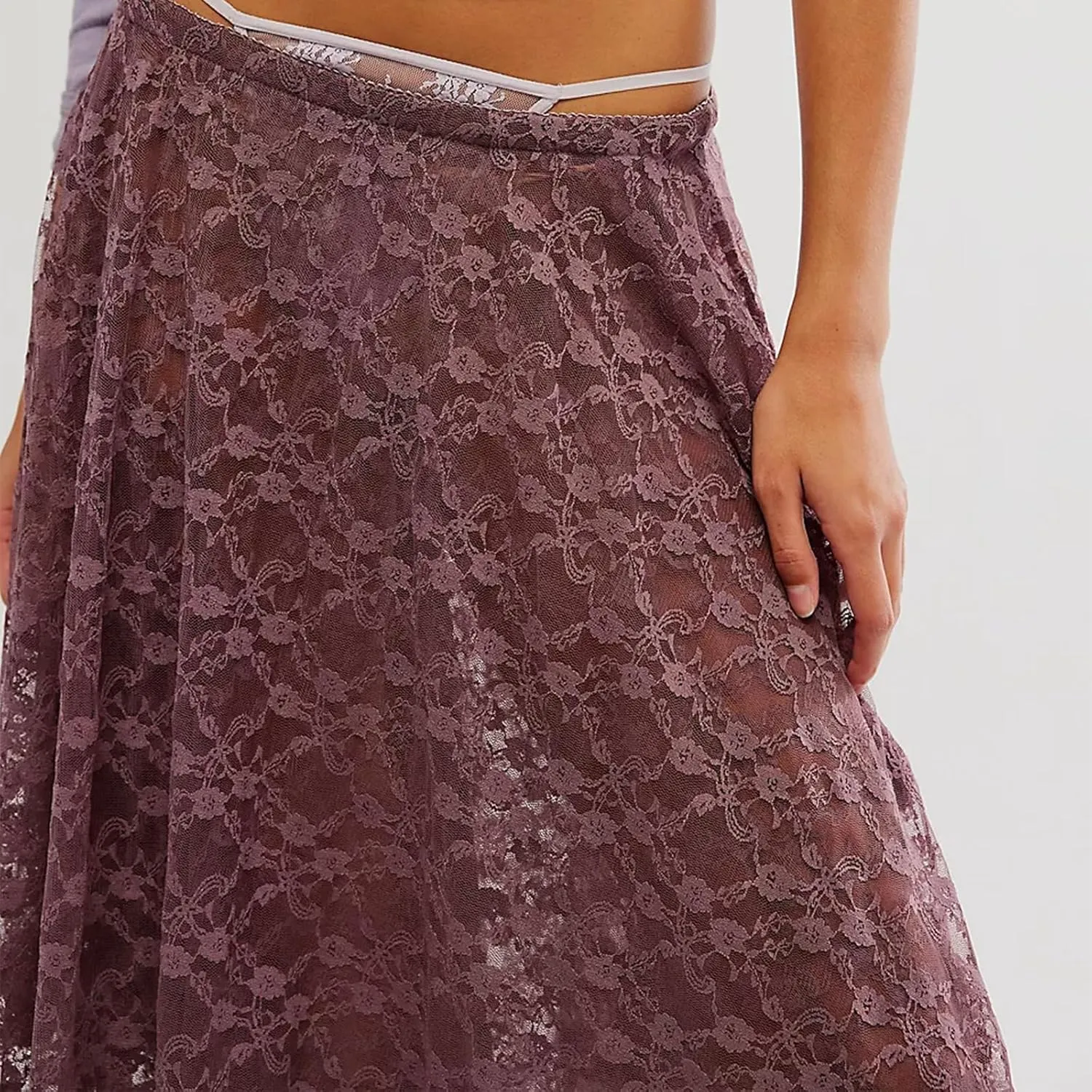 Women Lace Long Skirts Sexy See-Through Summer Elastic Asymmetrical Layered Hem Beach Floral Flowy Maxi Skirts