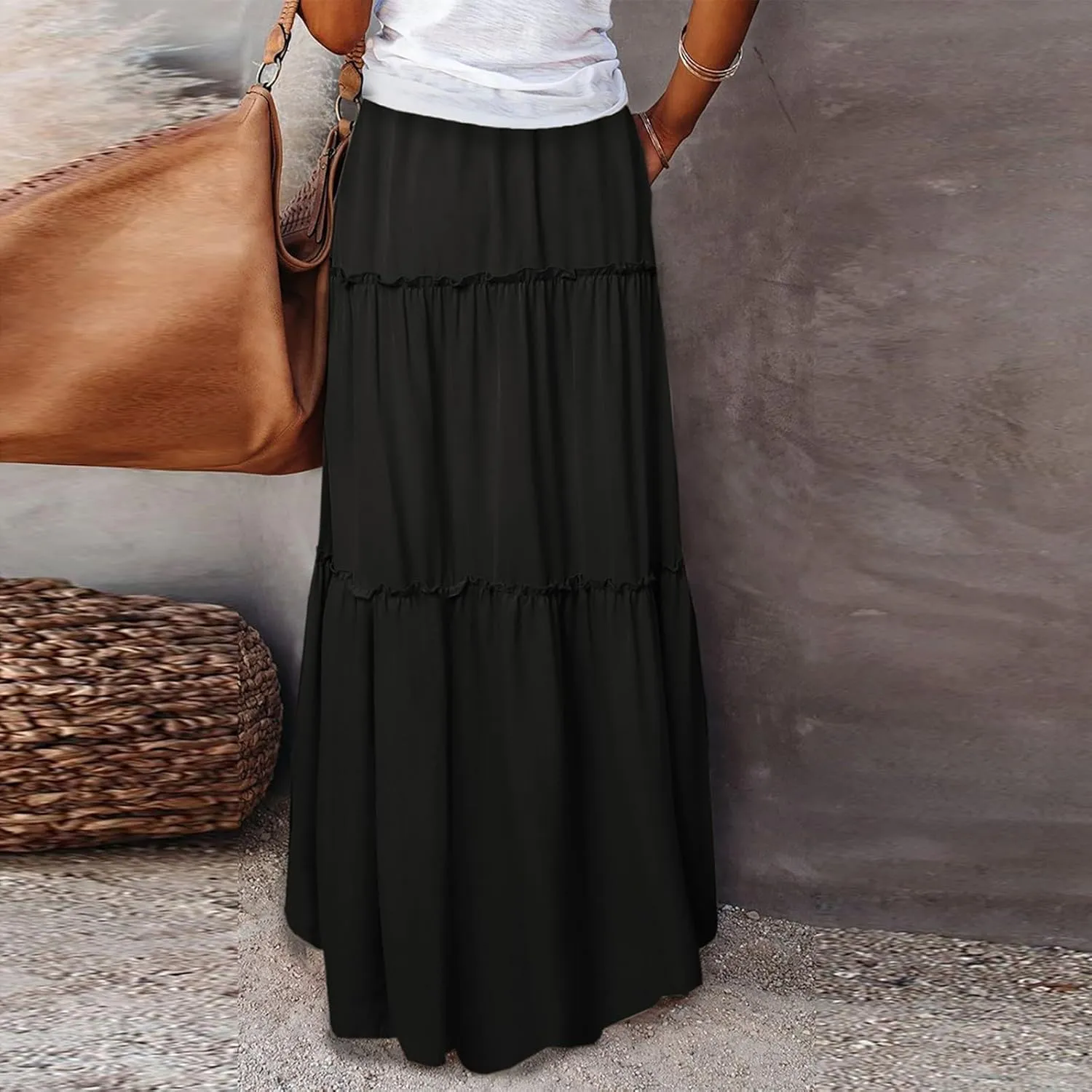 Women Maxi Skirt Casual High Waisted A Line Flowy Long Skirts Pleated Ruffle Tiered Boho Beach Skirts with Pockets