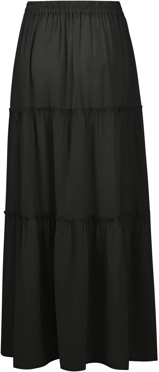 Women Maxi Skirt Casual High Waisted A Line Flowy Long Skirts Pleated Ruffle Tiered Boho Beach Skirts with Pockets