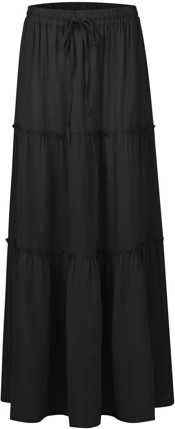 Women Maxi Skirt Casual High Waisted A Line Flowy Long Skirts Pleated Ruffle Tiered Boho Beach Skirts with Pockets