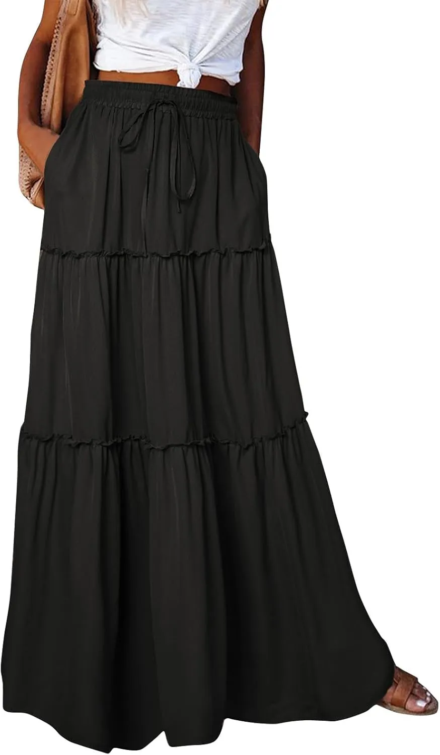 Women Maxi Skirt Casual High Waisted A Line Flowy Long Skirts Pleated Ruffle Tiered Boho Beach Skirts with Pockets