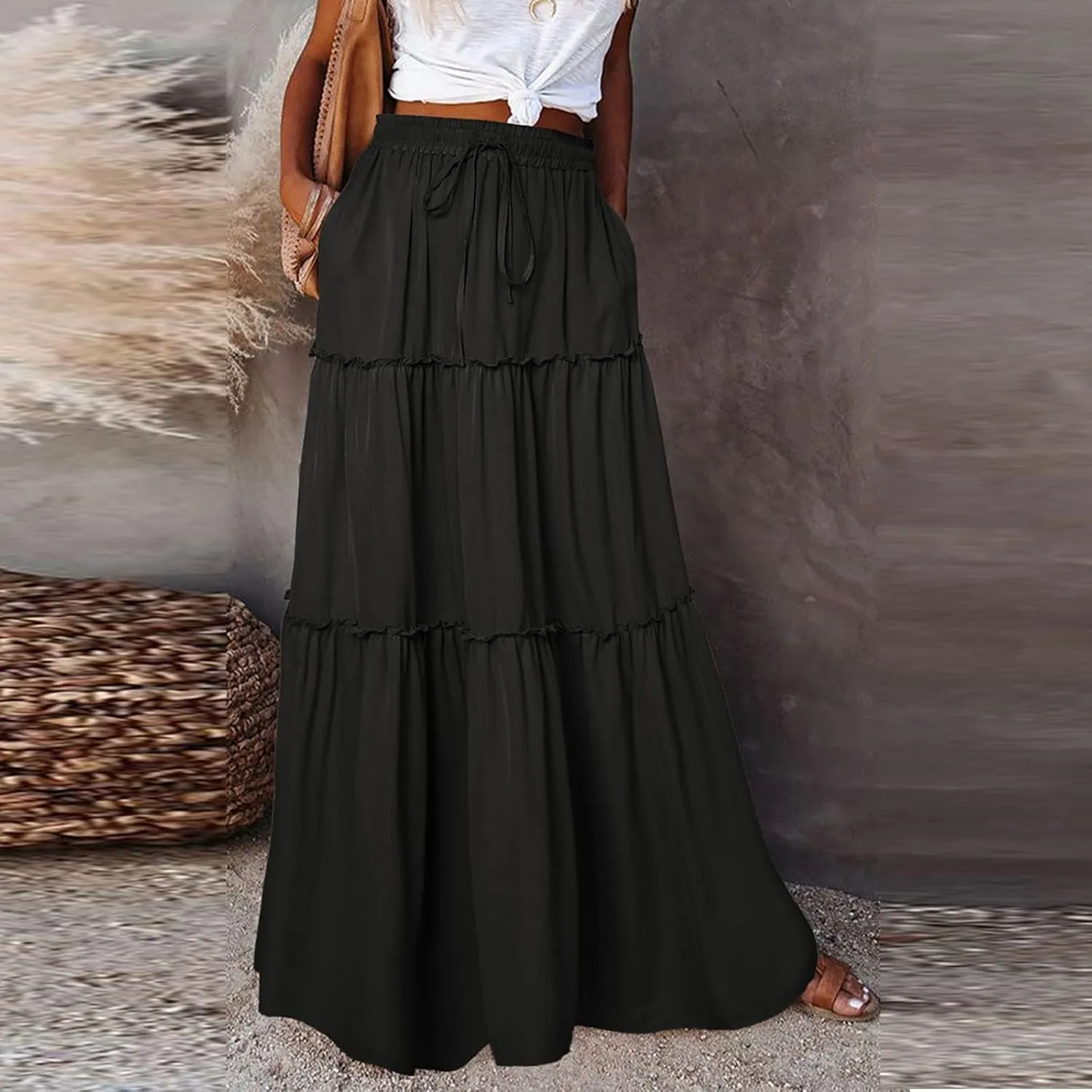 Women Maxi Skirt Casual High Waisted A Line Flowy Long Skirts Pleated Ruffle Tiered Boho Beach Skirts with Pockets