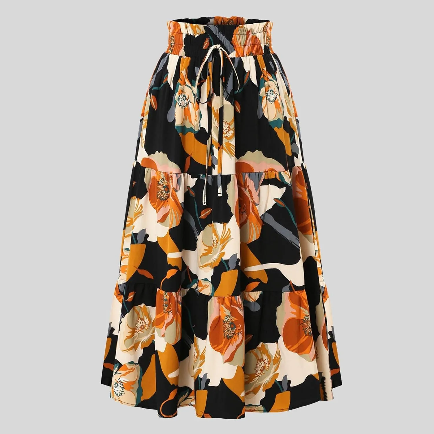 Women Maxi Skirt Floral Tiered Pleated Skirt Flowy Swing High Waisted Go Outing Clothes