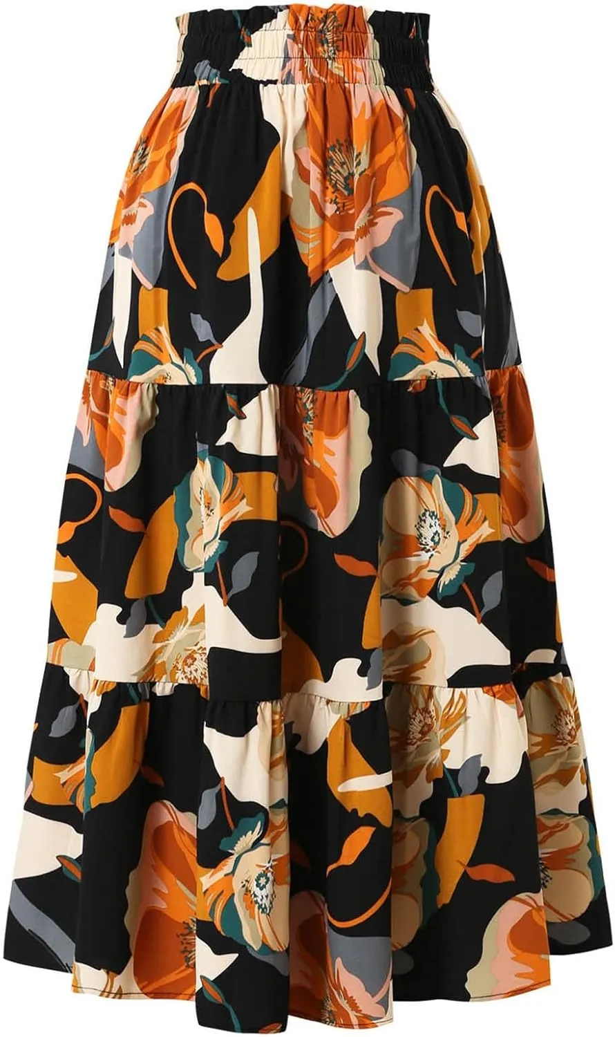 Women Maxi Skirt Floral Tiered Pleated Skirt Flowy Swing High Waisted Go Outing Clothes