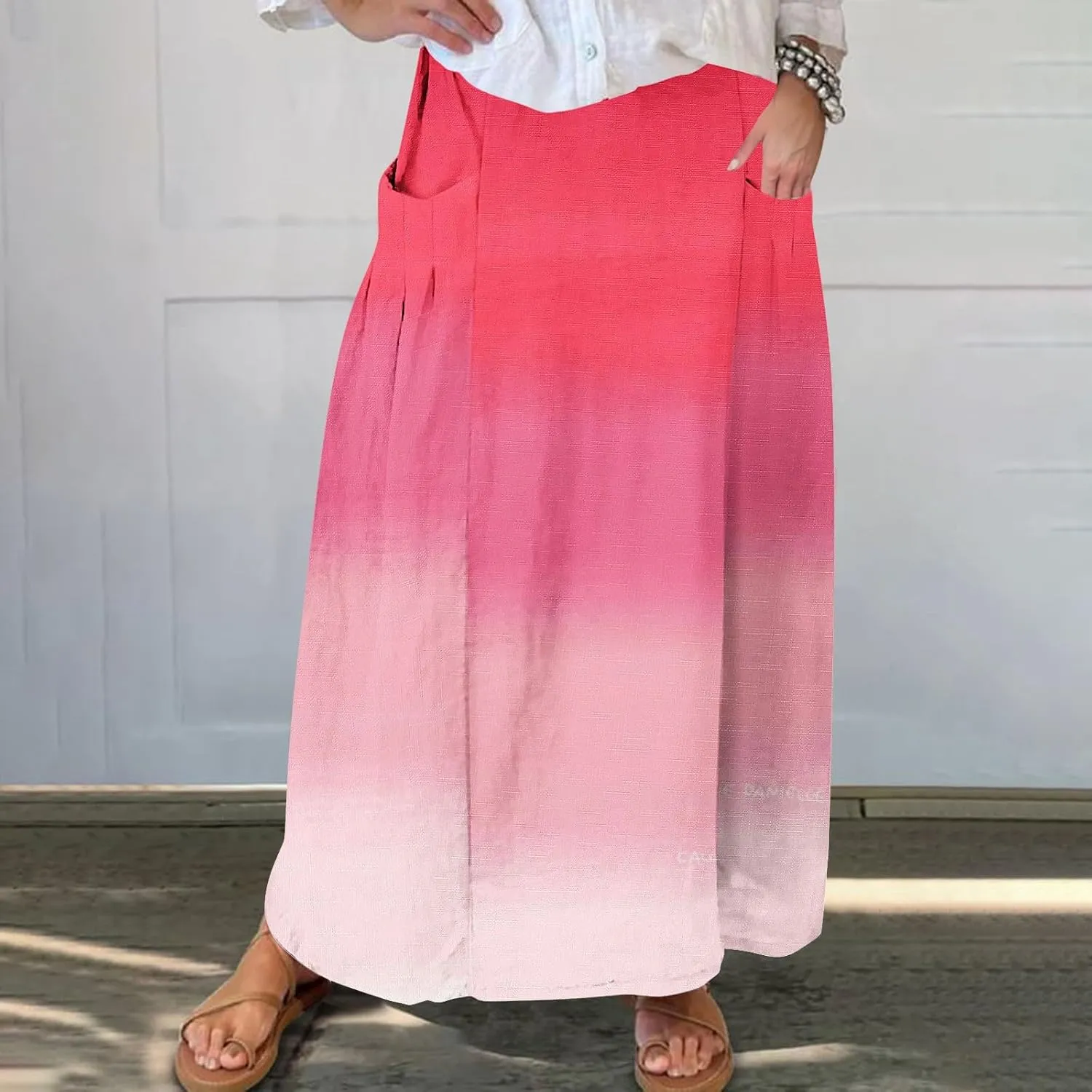 Women Maxi Skirt Gradient Color Loose Fit Stretchy Summer Skirt with Pockets Pleated Comfy Trendy 2025 Casual Skirt
