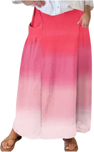Women Maxi Skirt Gradient Color Loose Fit Stretchy Summer Skirt with Pockets Pleated Comfy Trendy 2025 Casual Skirt