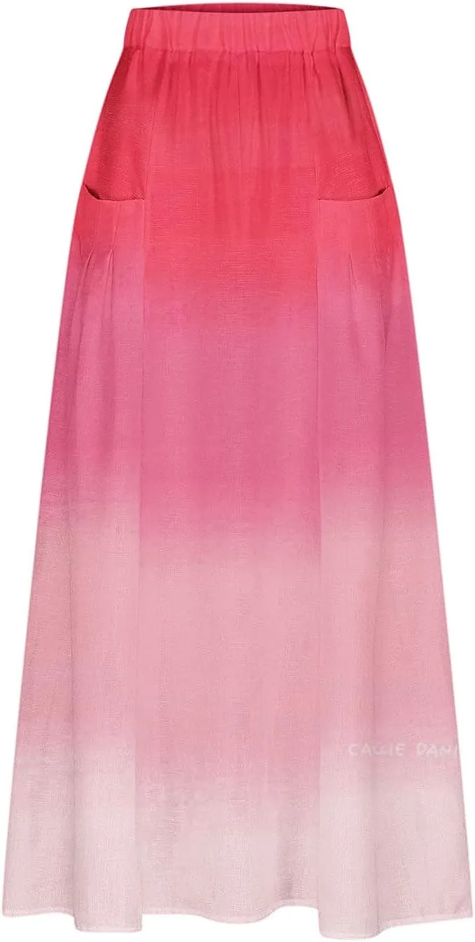 Women Maxi Skirt Gradient Color Loose Fit Stretchy Summer Skirt with Pockets Pleated Comfy Trendy 2025 Casual Skirt