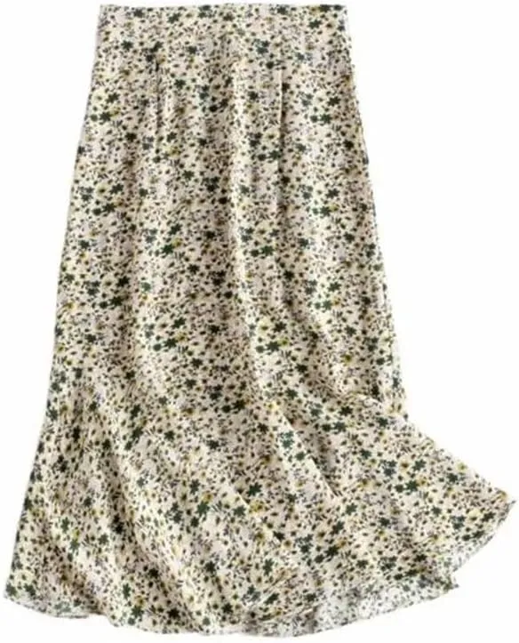 Women Mulberry Silk Floral Skirt High Waist Casual Style Skirts Midi Print Fishtail Skirt