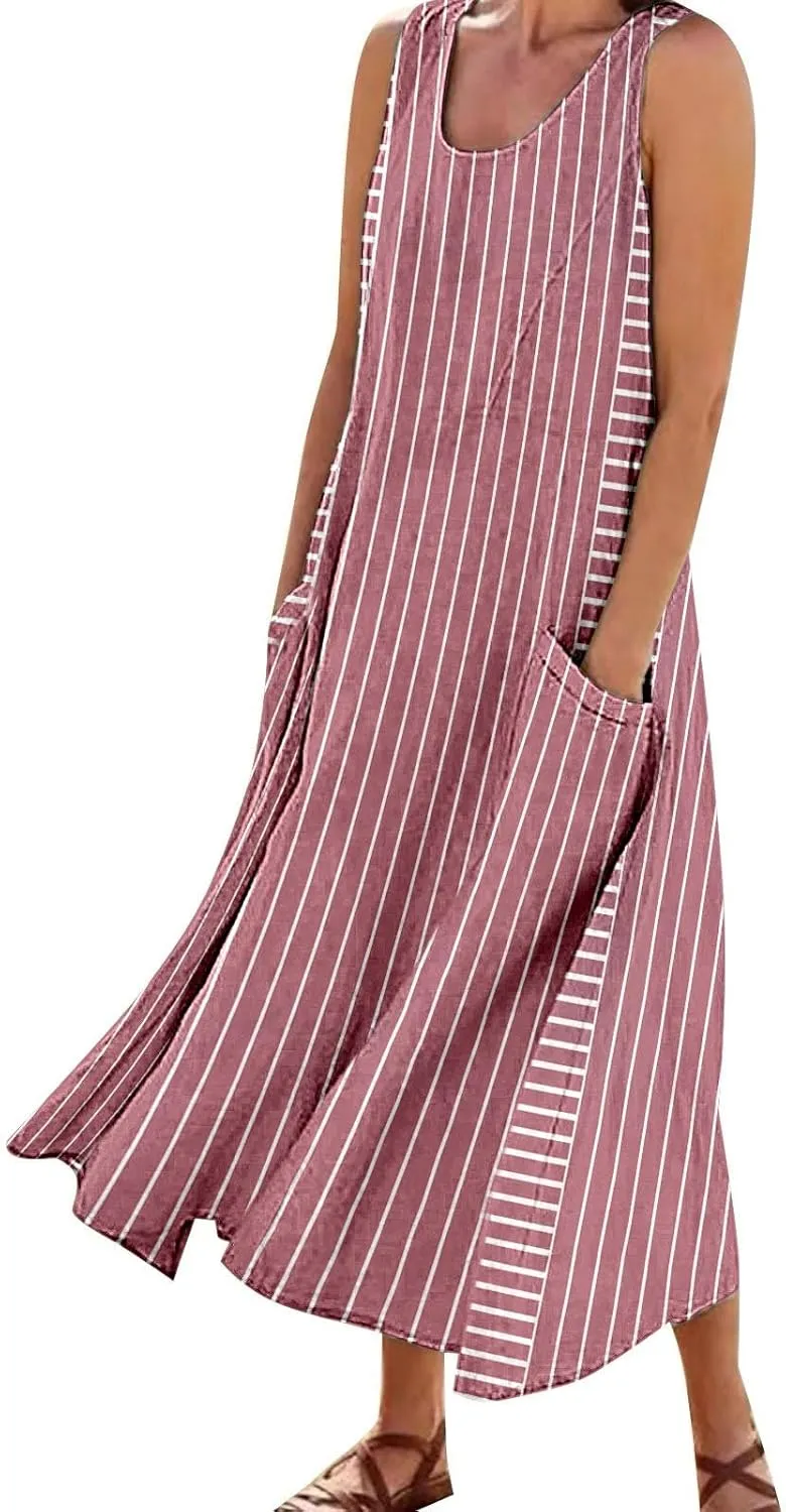 Women Plus Size Sleeveless Dresses Round Neck Striped Casual Sundress Summer Long Dresses with Pockets 2025 Beach Vacation