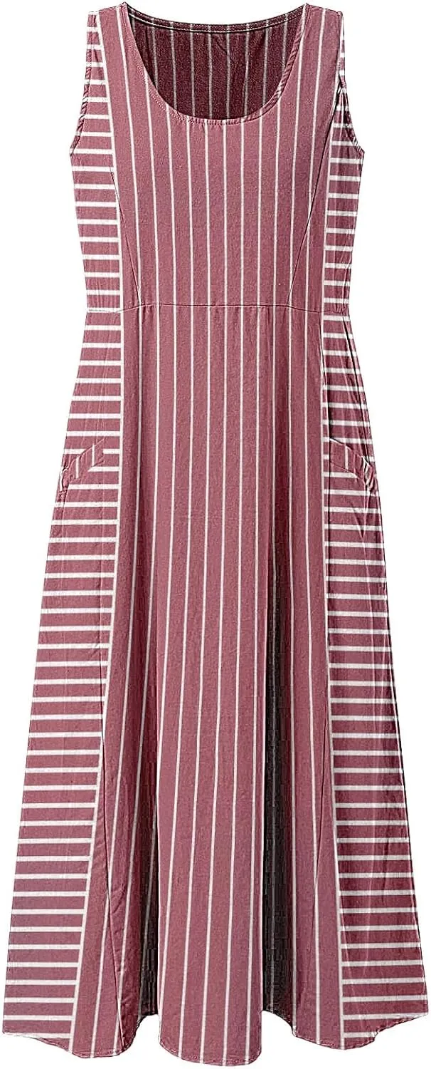 Women Plus Size Sleeveless Dresses Round Neck Striped Casual Sundress Summer Long Dresses with Pockets 2025 Beach Vacation