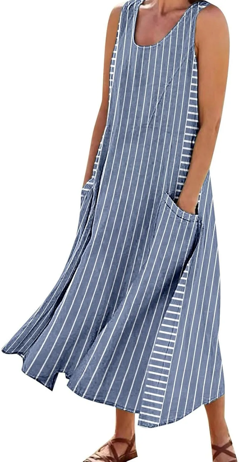 Women Plus Size Sleeveless Dresses Round Neck Striped Casual Sundress Summer Long Dresses with Pockets 2025 Beach Vacation