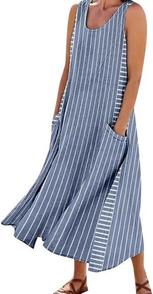 Women Plus Size Sleeveless Dresses Round Neck Striped Casual Sundress Summer Long Dresses with Pockets 2025 Beach Vacation