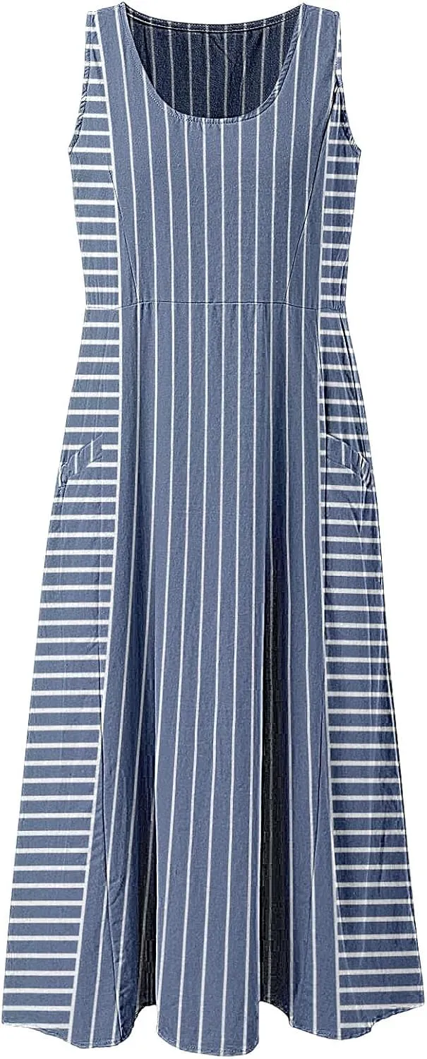 Women Plus Size Sleeveless Dresses Round Neck Striped Casual Sundress Summer Long Dresses with Pockets 2025 Beach Vacation