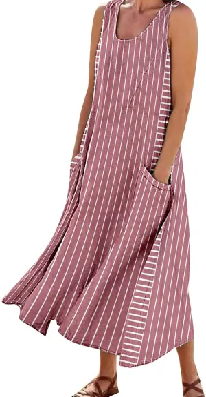Women Plus Size Sleeveless Dresses Round Neck Striped Casual Sundress Summer Long Dresses with Pockets 2025 Beach Vacation