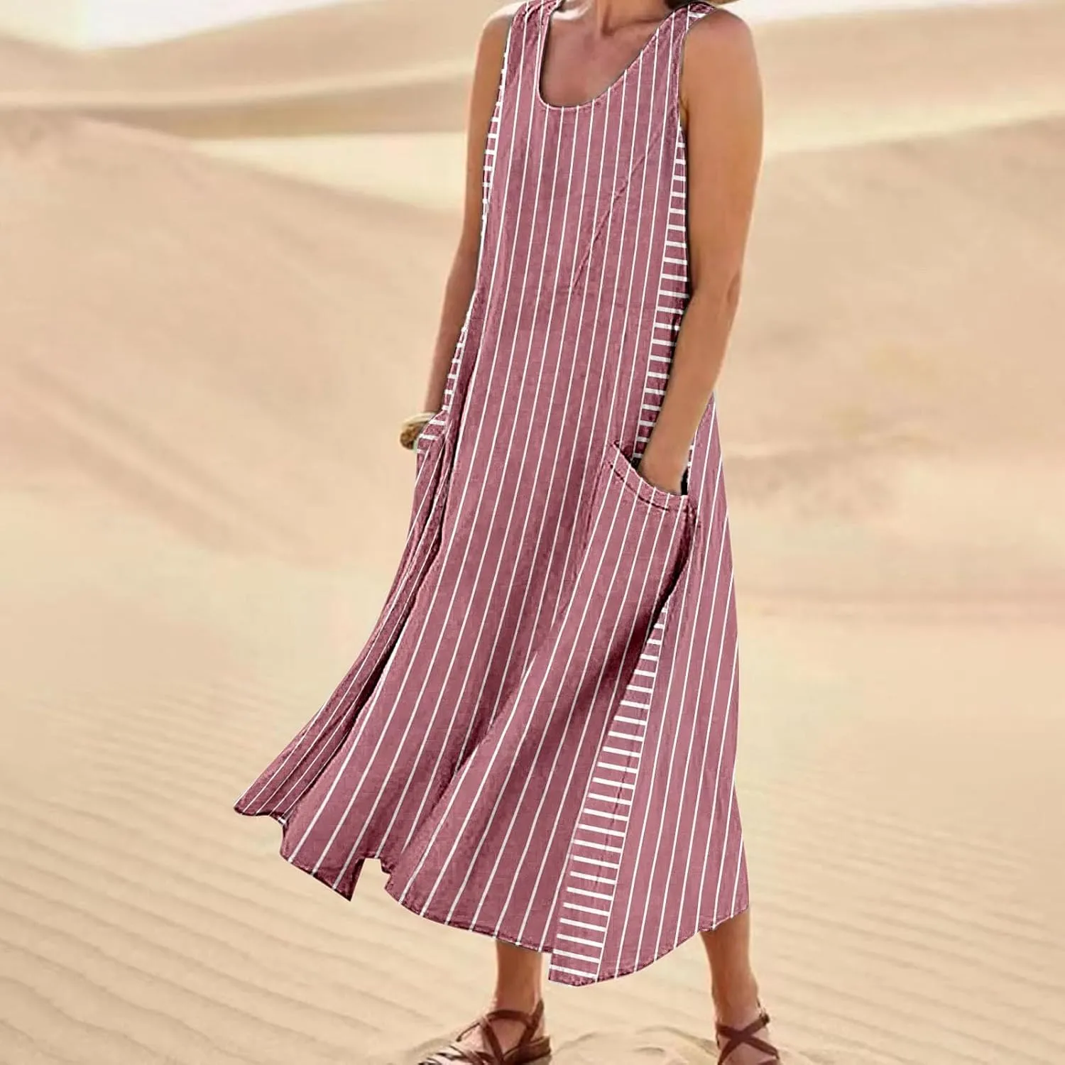 Women Plus Size Sleeveless Dresses Round Neck Striped Casual Sundress Summer Long Dresses with Pockets 2025 Beach Vacation