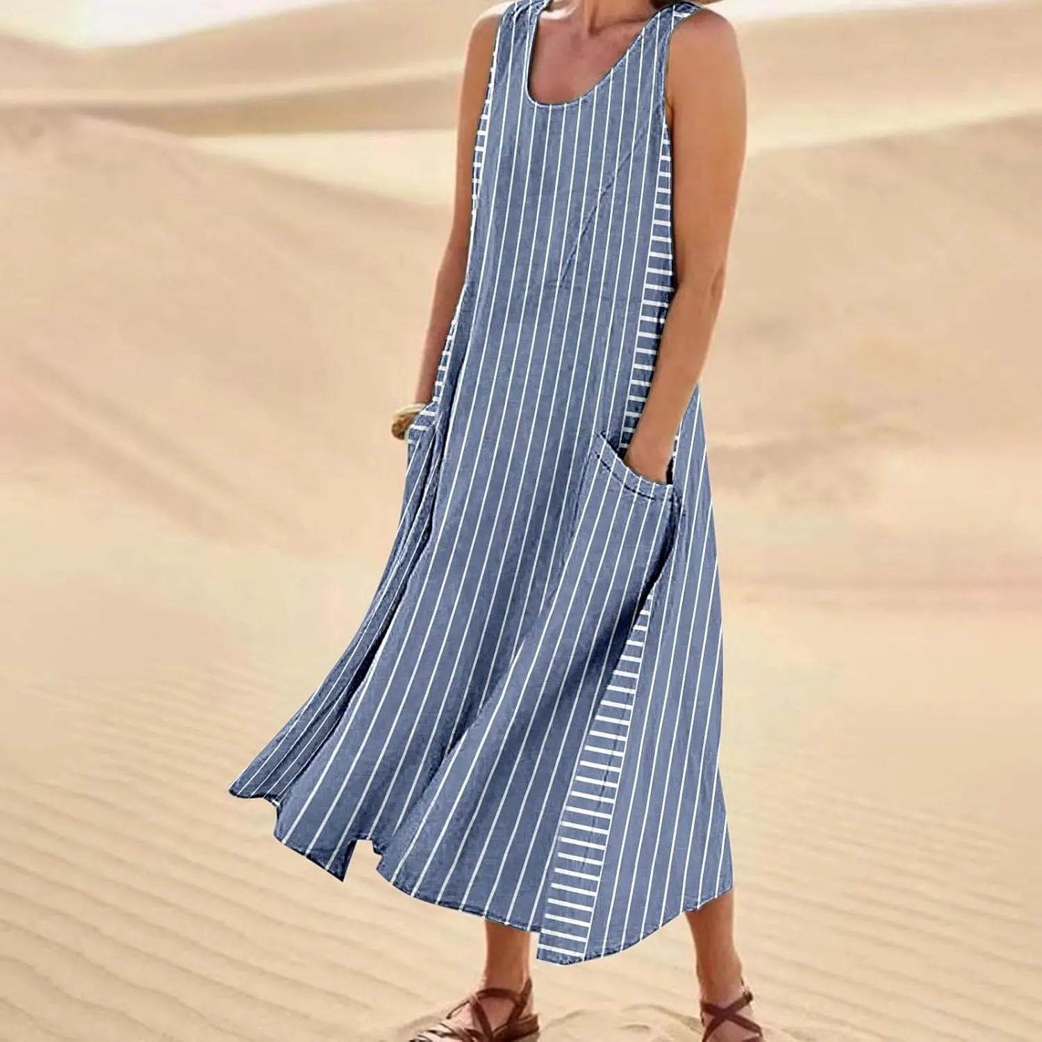 Women Plus Size Sleeveless Dresses Round Neck Striped Casual Sundress Summer Long Dresses with Pockets 2025 Beach Vacation
