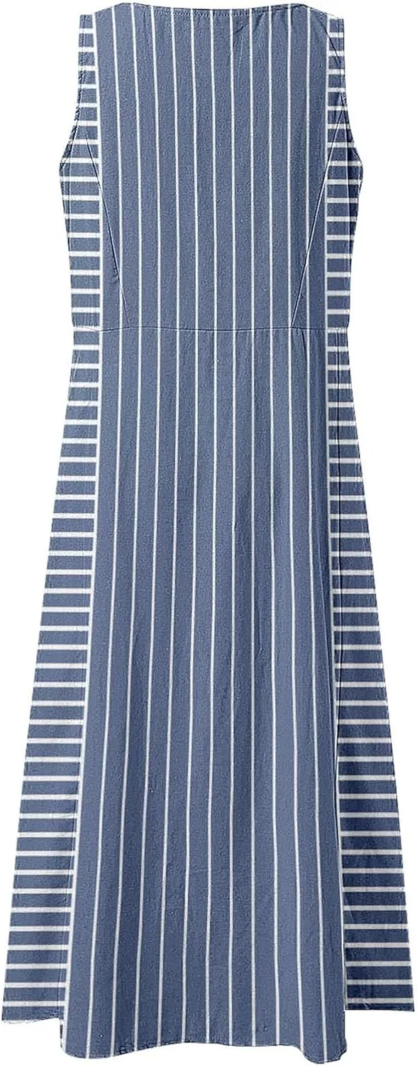 Women Plus Size Sleeveless Dresses Round Neck Striped Casual Sundress Summer Long Dresses with Pockets 2025 Beach Vacation