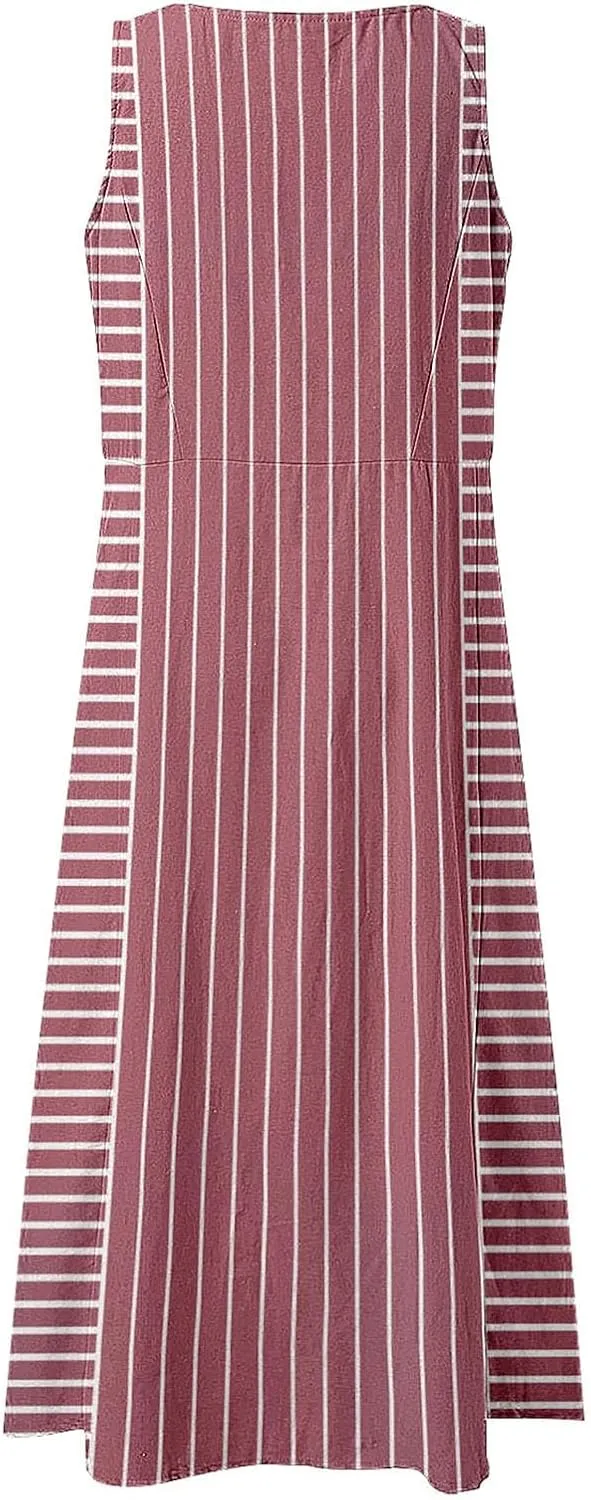 Women Plus Size Sleeveless Dresses Round Neck Striped Casual Sundress Summer Long Dresses with Pockets 2025 Beach Vacation