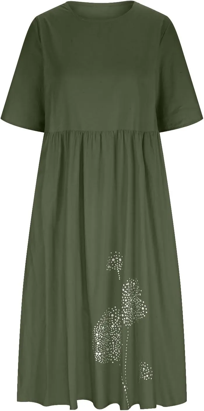 Women Plus Size Summer Casual T Shirt Dresses Trendy Pleated Midi Dress Cute Short Sleeve Tunic Dresses with Pockets