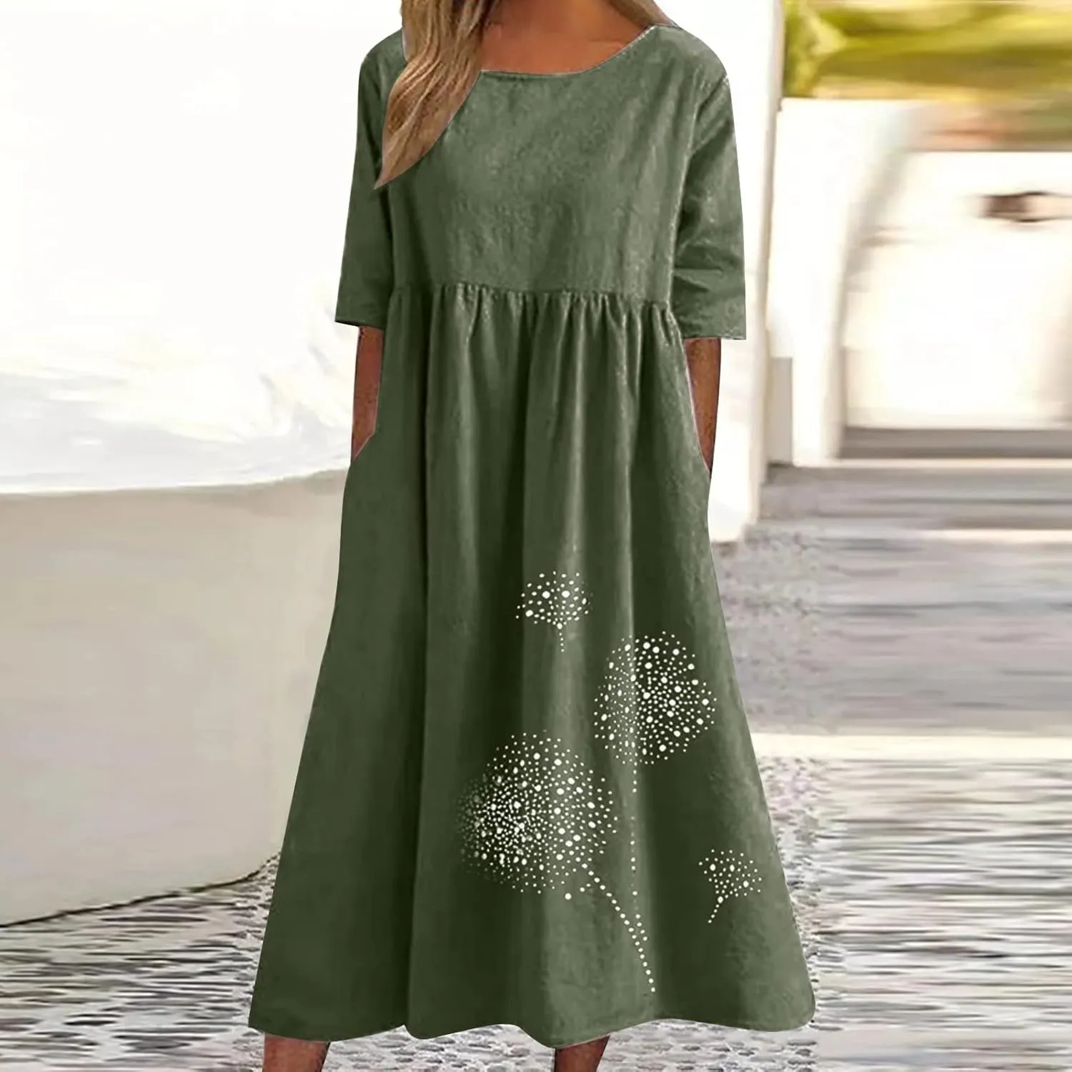 Women Plus Size Summer Casual T Shirt Dresses Trendy Pleated Midi Dress Cute Short Sleeve Tunic Dresses with Pockets