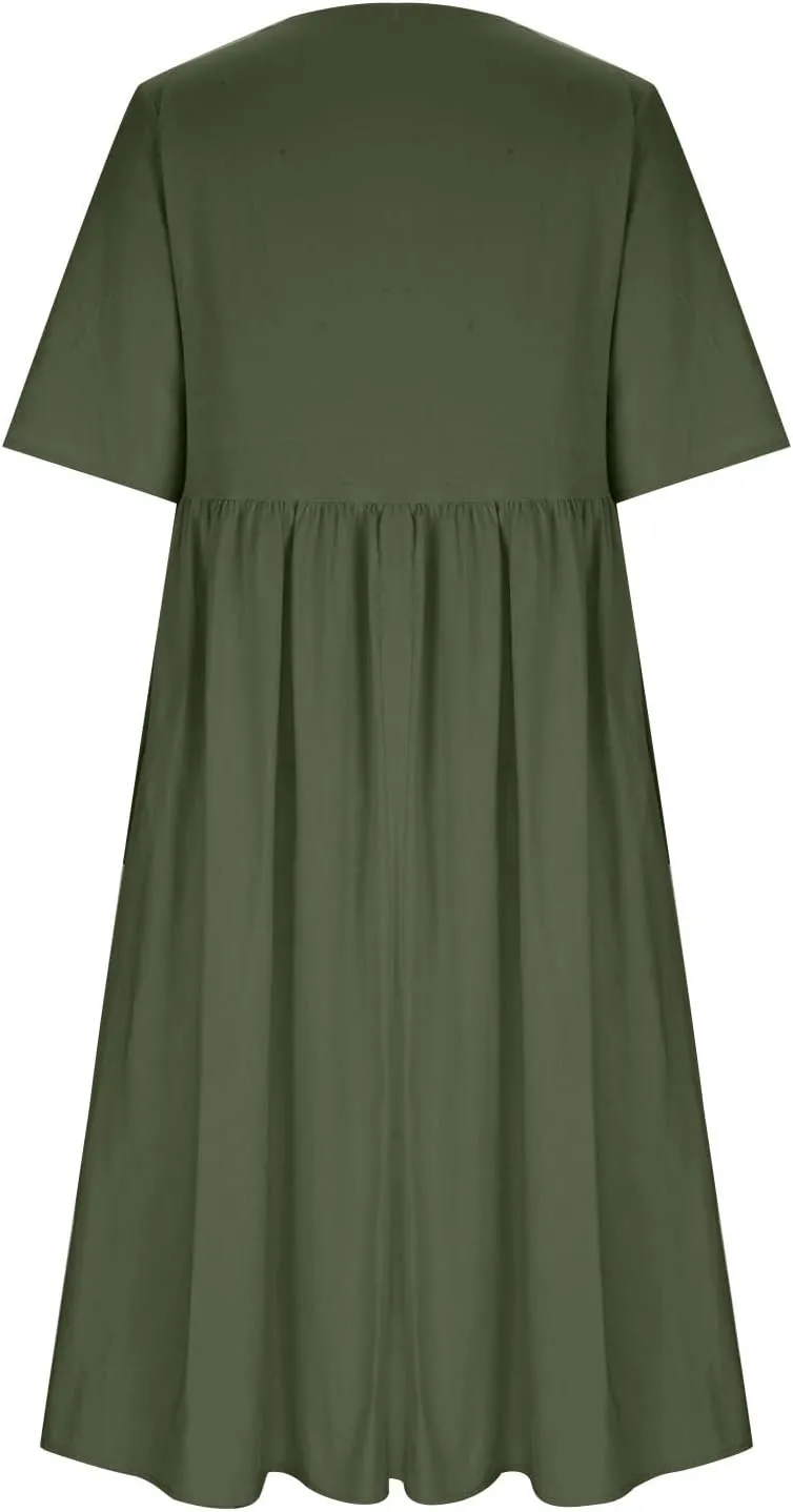 Women Plus Size Summer Casual T Shirt Dresses Trendy Pleated Midi Dress Cute Short Sleeve Tunic Dresses with Pockets