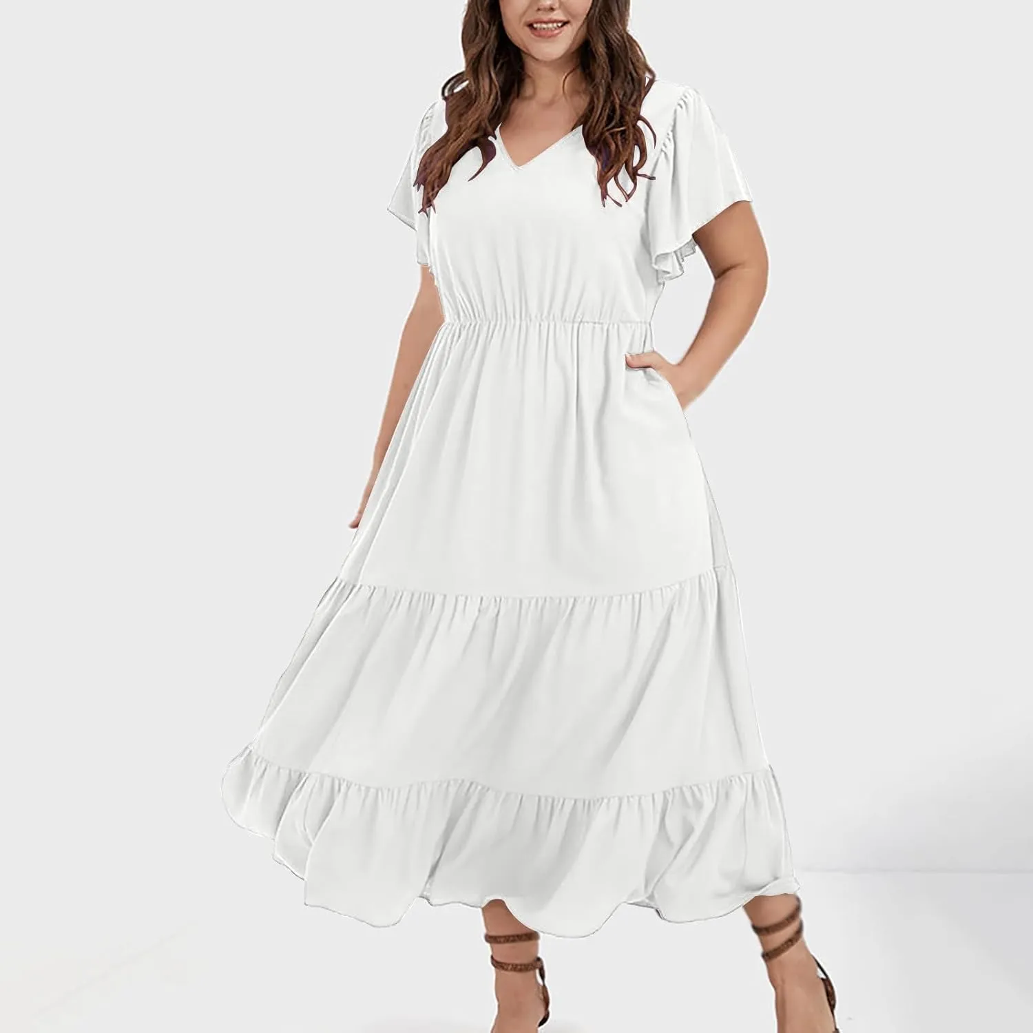 Women Plus Size Wedding Guest Dress V Neck Ruffle Short Sleeve Pleated Boho Elastic High Waist Midi A Line Dresses